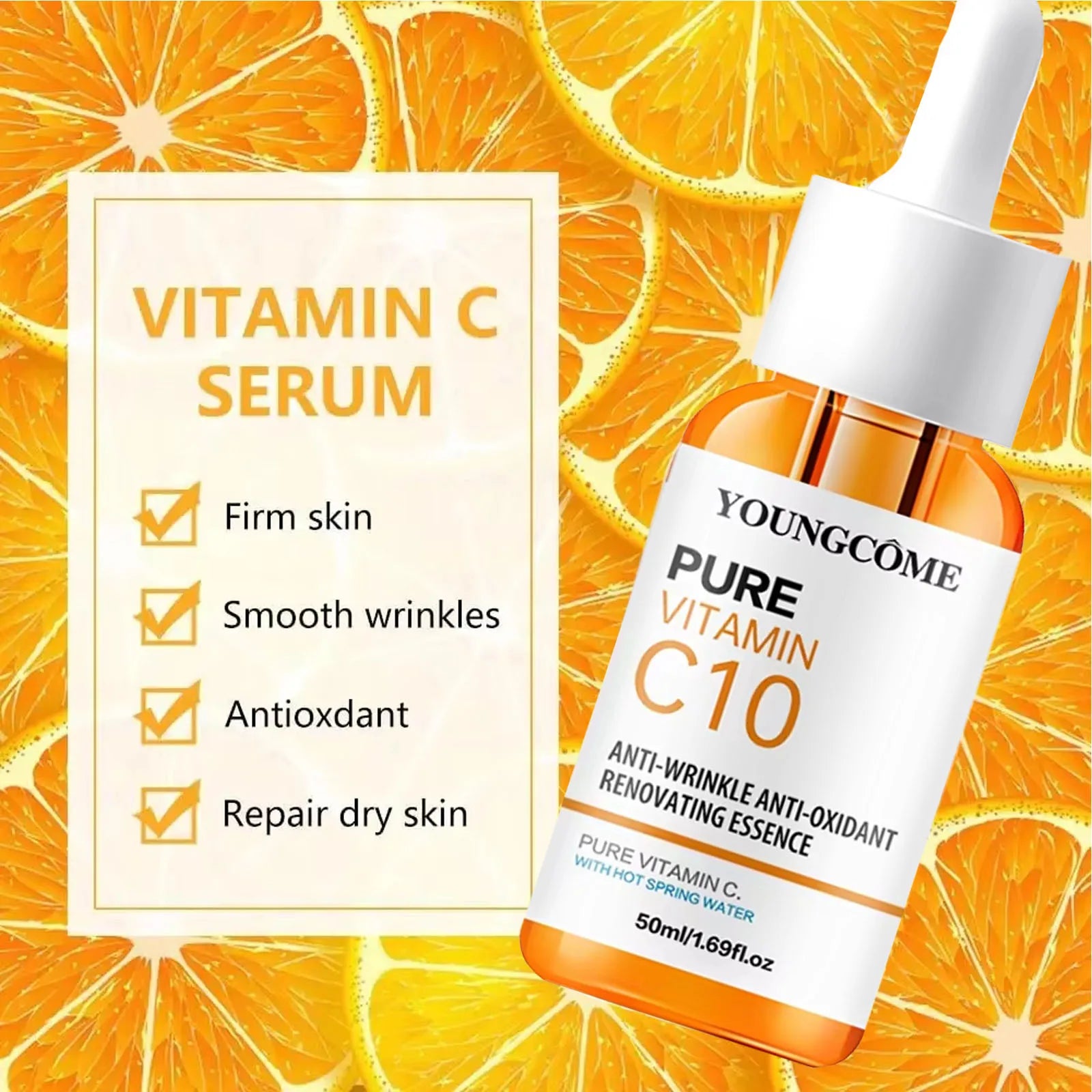 Sérum facial con vitamina C y ácido hialurónico: ilumina, hidrata, reduce líneas finas y repara piel opaca.