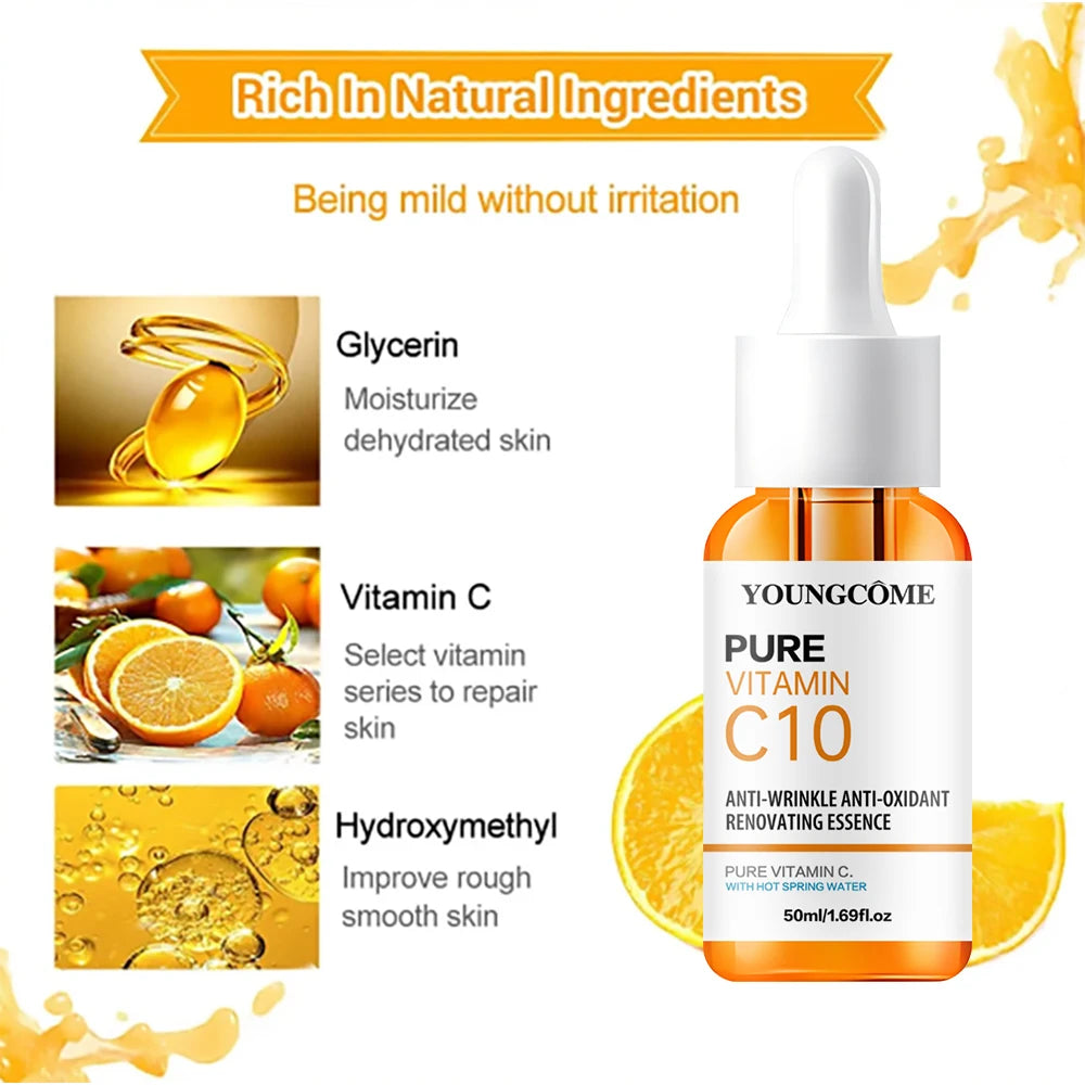 Sérum facial con vitamina C y ácido hialurónico: ilumina, hidrata, reduce líneas finas y repara piel opaca.